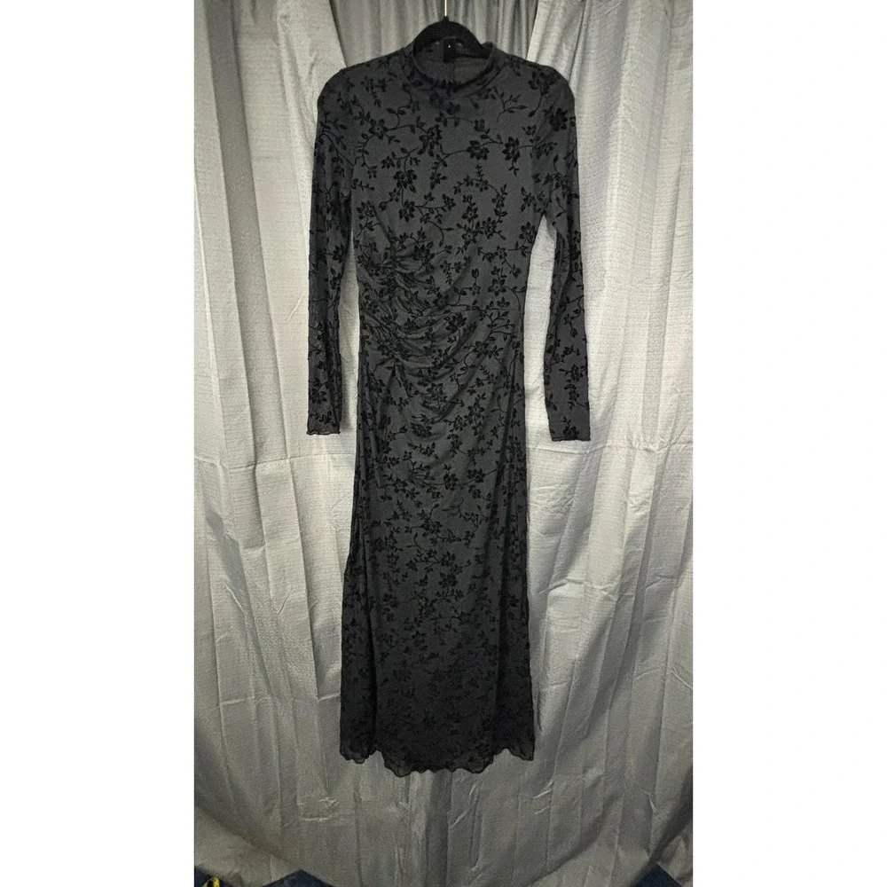 SHEIN‎ Velvet Burnout Sheer Overlay Maxi Dress Womens M Black Floral Whimsigoth - Picture 2 of 15